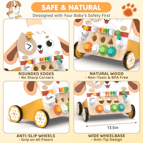 Fozcmisw Carrello Primi Passi Legno Cane Montessori 6-in-1, Girello 1 Anno | Carrello Primi Passi a Forma di Cane, 6-in-1: Labirinto di Perline, Selezionatore di Forme, Ingranaggi & Altro