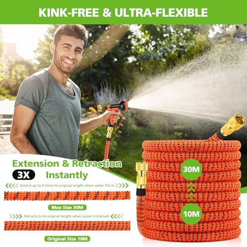 BoriYa Hose Pipe - Upgraded Expandable Garden Hoses 100ft 30m,Stretchy Hosepipe with Spray Gun,Expanding No-Kink Magic Hose with Metal Connectors,Flexible Water Hos for Garden,Pet & Car Cleaing