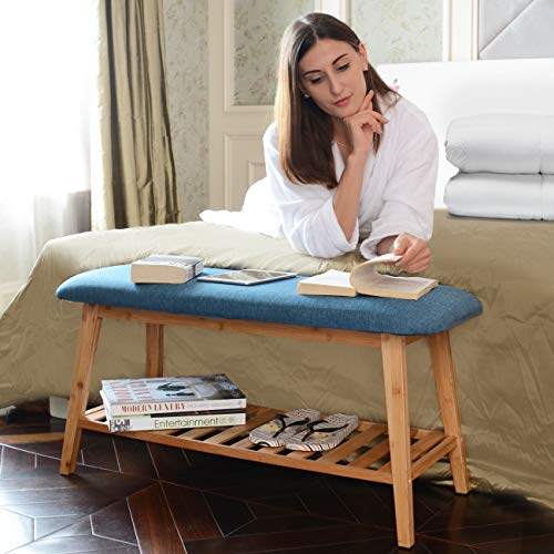 Shoe Rack Bench Entryway â€“ Navy Blue Upholstered Padded Cushion Bamboo Storage Ottoman Seat Free Standing for Hallway Bedroom Living Room Mudroom by Domax