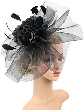 YSJOY Vintage Veil Mesh Feather Big Curl up Kentucky Hat Flower Bridal Shower Hat Wedding Cocktail Tea Party Hat Church Derby Hat Pure Black