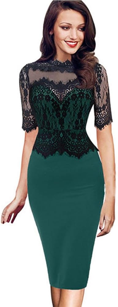 Aniywn Women's Short Sleeve Lace Floral Elegant Cocktail Dress Crew Neck Knee Length Evening Party Dress