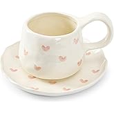 Koythin Ceramic Coffee Mugs Set with Saucer, 250ml / 8oz Cute Floral Coffee Mug Irregular Latte Art Cup, Coquette Cups for Cappuccino, Cocoa (Great Love)