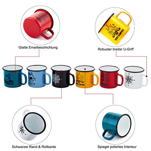 Homikit Emaille Tasse 6er-Set, 16 Unze Mehrweg Kaffeebecher Trinkbecher Teetasse, Porzellan Blau/WeiÃ/Schwarz/Rot/Gelb/Grün Camping Becher für Daheim, Büro, Camping & Tragbr – Bild 2