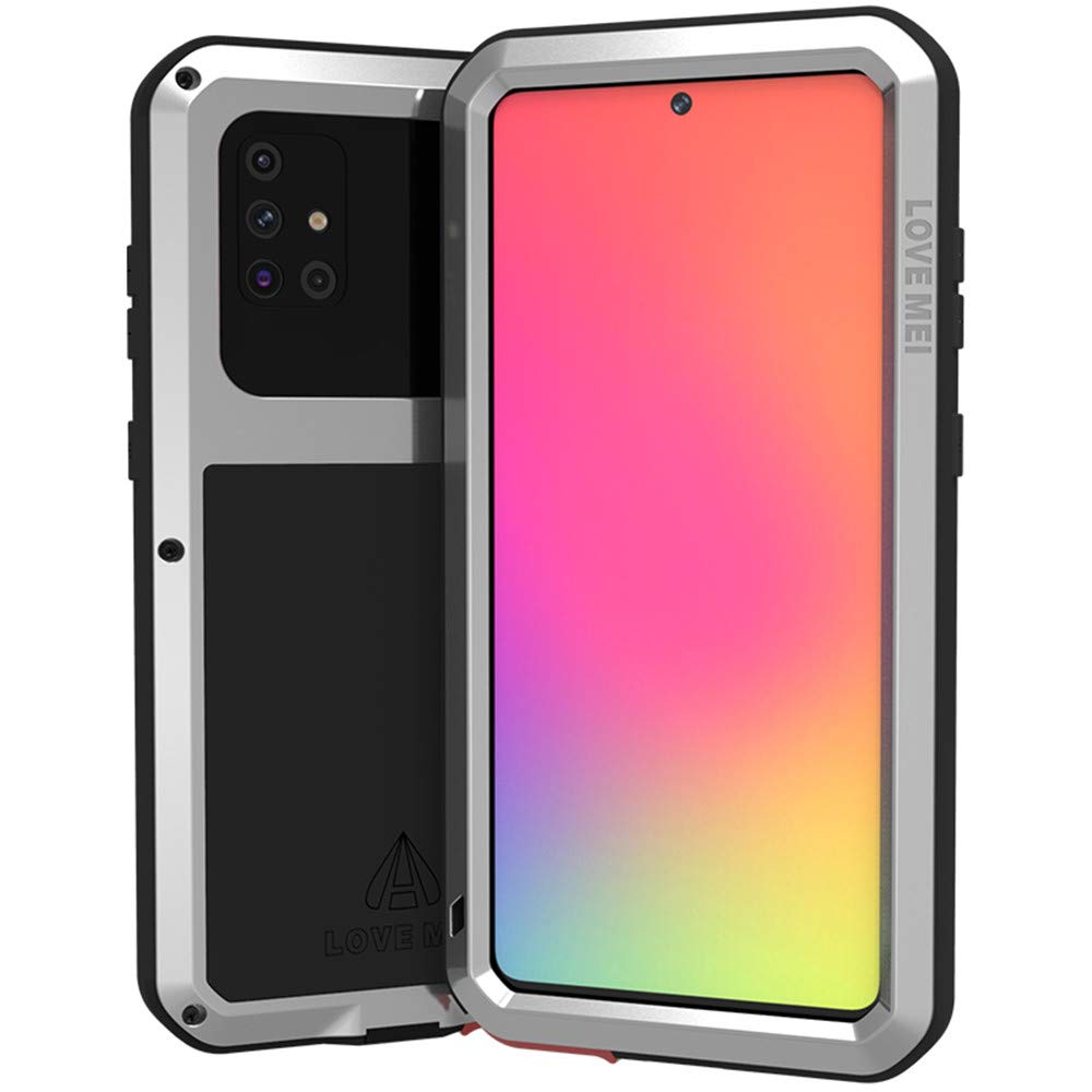 LOVE MEI Compatible With Samsung Galaxy A71 Case, Aluminum Metal Gorilla Glass Waterproof Shockproof Military Heavy Duty Sturdy Protector Cover Hard Case Silver