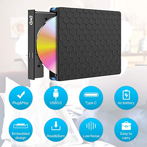 Wsky External CD DVD Drive, USB 3.0 Portable CD DVD Optical Drive, USB C High Speed Writer Burner Drive, Compatible with Laptop Desktop PC Windows XP/2003/Vista/7/8.1/10, Mac OS System, Linux