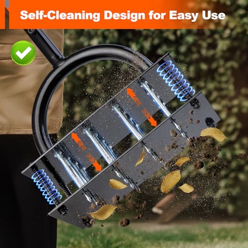 Bluesea Lawn Aerator Tool - 16 Iron Spikes with Ergonomic T-Handle, Automatic Dirt Clean for Soil Loosening & Yard Aeration, Manual Metal Grass Aerator (Orange)