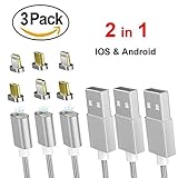 ZRSE 5th Lightning Braided Magnetic Cable USB & Data ,2 Head in With Android & iphone Micro USB Charging Cable for Samsung, HTC, LG, Sony And iPhone7/7 Plus 6/6s Plus 5s/5c/5 Models (Silver-3 pack)