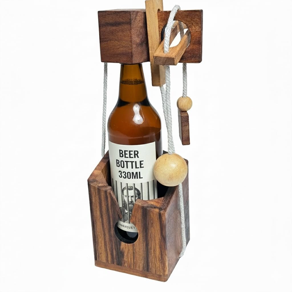 Crafty Artisan Wooden Beer Bottle Puzzle – Brain Teaser Bottle Lock for 0.33L Beer Bottles – Fun Gift for Beer Lovers, Party Game & Unique Puzzle Challenge