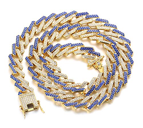 HALUKAKAH Diamond Cuban Link Gold Chain for Men Iced Out,13MM FUJI 18k Real Gold Plated Choker Necklace 40cm,Multicolor Blue White Diamonds Prong Set,Gift for Him — image 1