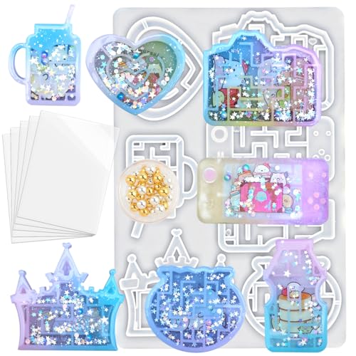 Epoxy Resin Maze Shaker Molds Set with Beads, Seal Films 7-Count Castle, Heart, Drink, Fish Tank, Straw Cup, Handheld Game, Camera