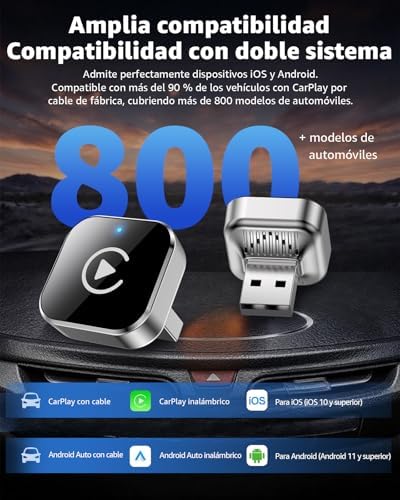 Adaptador sem fios CarPlay e Android Auto, conversor Mini USB-A/USB-C Plug & Play, ligado para wireless, WiFi 2.4GHz/5GHz, ligação automática, para carros com CarPlay, prateado