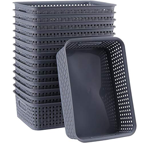 ZEONHAK 15 Pack Gray Plastic Storage Basket, Plastic Weave Basket, Plastic Rattan Storage