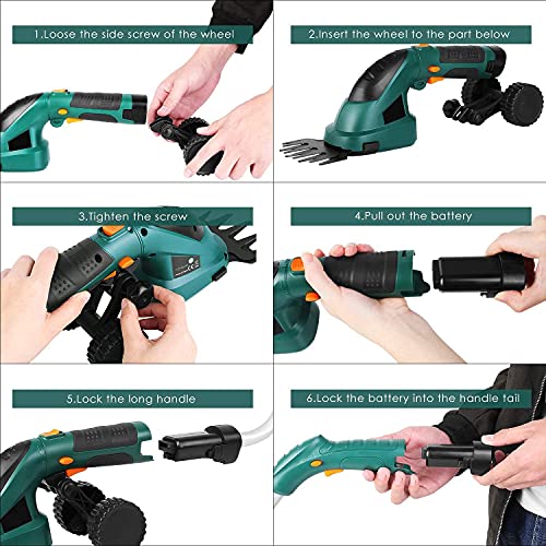 Gizcam Hedge Trimmers Cordless with Battery-powered, Grass Trimmers, Shrub Trimmers, Weed Trimmer, 2 in 1 Cordless Grass Shear with Battery 7.2V 2000mAh, including Telescopic Handle and Running Wheels