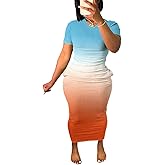 Women's Casual Short Sleeve Dress T Shirt Bodycon Dresses Ribbed V Neck Maxi Sundress Basic Party Club Dress with Pocket