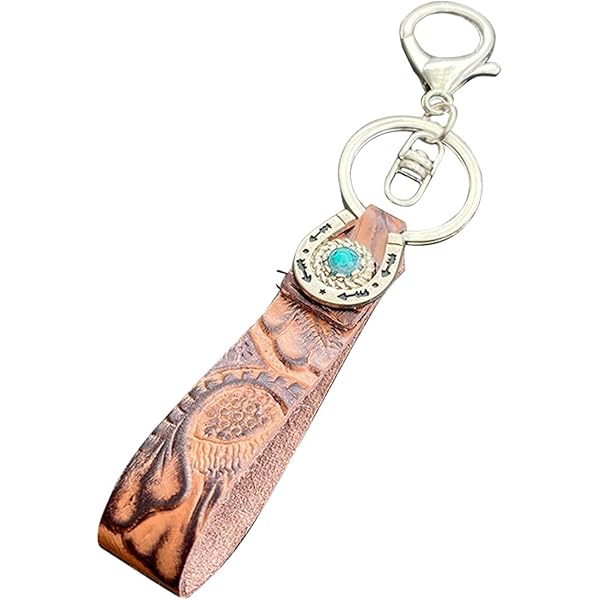 JINZHOUFZ Vintage Embossed Cowhide Keychain Western Turquoise