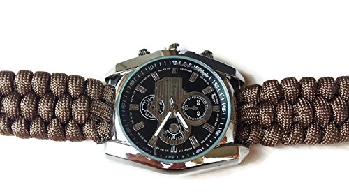 Mens brown parachute sport steel wrist watch water resistant rectangular paracord 550 strap bracelet - Thumbnail 3