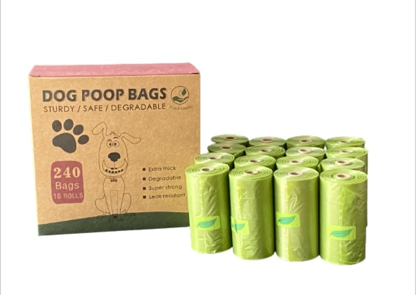 Dog Poop Bags 16 rolls total 240 bags, extra strong, durable, extra large, fully compostable, unscented, compatible with all dispensers