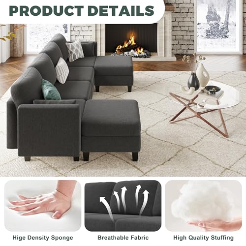 Modular Sectional Sofa, 6 Seaters Modular Sleeper Sofa Couch, Comfy Sectionals Couches Bed, Convertible Sofas with Ottomans, Sectional Couches for Living Room (Darkgray, U1)