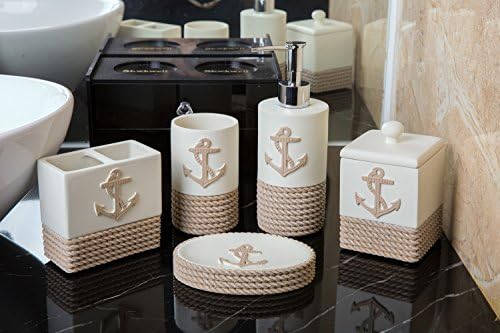 SILOKO Ocean Style Solid 5 Piece Bathroom Asseccory Set include Lotion Dispenser,Soap Dish,Toothbrush Holder,Cotton Container&amp;Tumbler Sailor