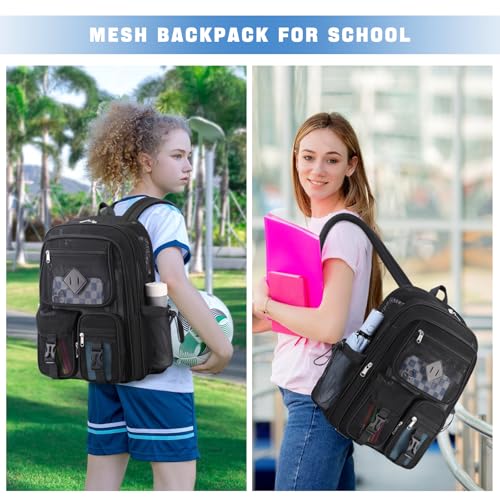 MOONBABY Mesh Backpack for School Heavy Duty See Through Net Bookbag Girls Boys Semi-Transparent Net Back Pack for Beach, Swimming, Sports, Work, Travel (Black)