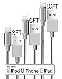 3 Pack 3FT 6FT 10FT Extra Long Premium Quality Nylon iPhone Lightning Cable Charging Cable USB Cord for iPhone SE 6S, 6S Plus, 6Plus, 6,5S 5C 5,iPad Mini, Air,iPad5,iPod Compatible with iOS9 (Gray)