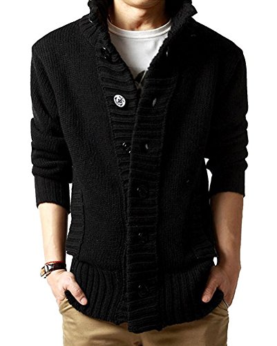 Men's Button Point Stand Collar Knitted Slim Fit Cardigan Sweater (M, Black)