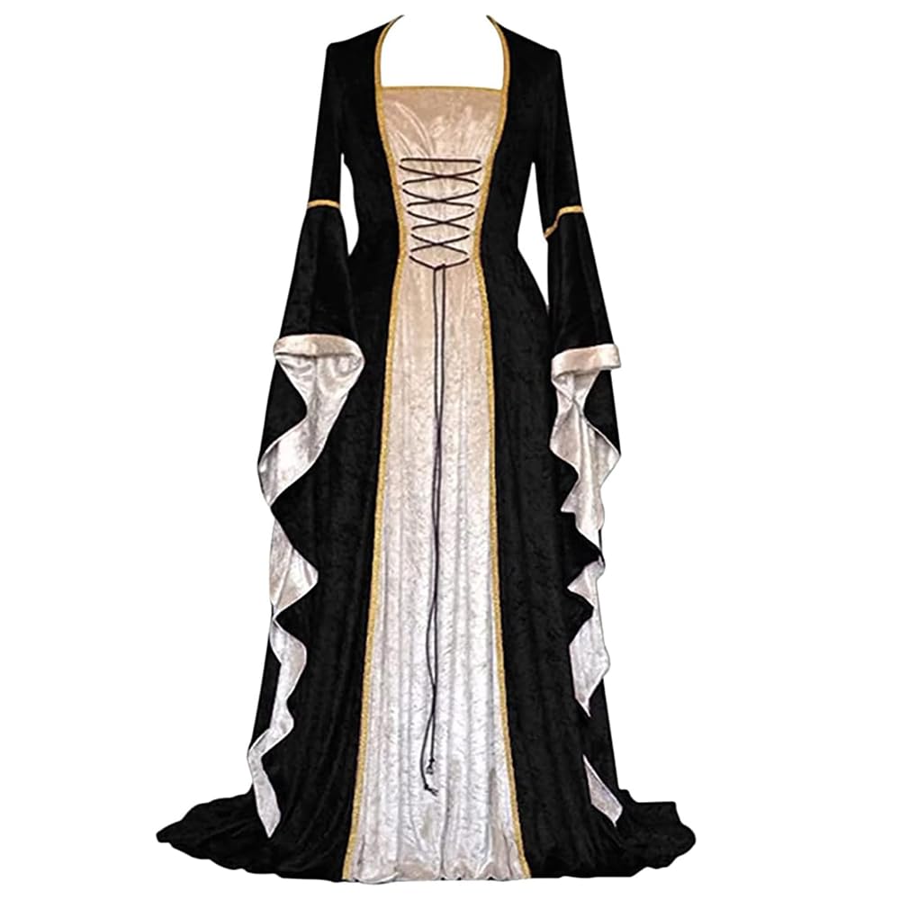 Feynman Women's Retro Medieval Dress with Trumpet Sleeves, Medieval Victorian Queen Dresses, Renaissance Gothic Maxi Dress, Carnival, Halloween Party, Princess Costume, Black, S โ image 1