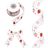 Pastel Red and Pink Strawberries with Polka Dot Grosgrain Ribbon, 1 inch x 5 Yards Fruits Ribbon for Spring and Summer Wreaths, Crafts, Trims, Hair Bow Making, Gift Wrapping (Pink)