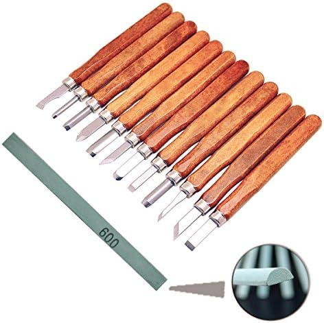 Wood Carving Kit,Wood Handle Carving Chisels Knife Tool Set for DIY Art Craft Clay Carpentry Beginners Amateur with Whetstones (12 Pieces)