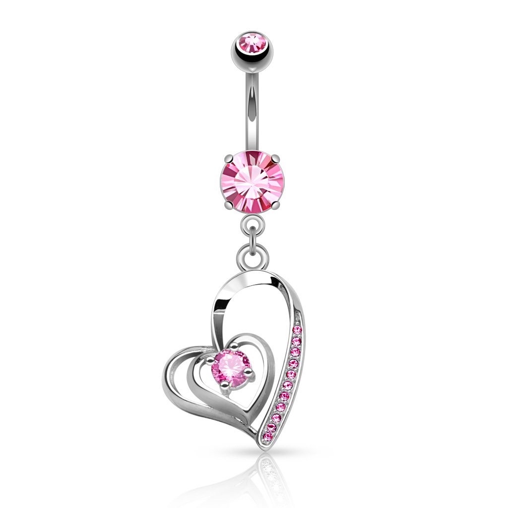 PiercedOff 316L Surgical Steel Belly Bar with Pink CZ Dangle Double Heart - Thickness 14GA (1.6mm) / Length 10mm / Ball Size 5mm / Bottom Gem 7m / Heart 15 x 16mm