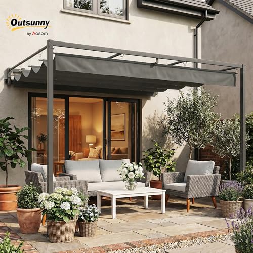 Outsunny 10' x 10' Retractable Pergola Canopy, Wall-Mounted Pergola with with Drainage Holes, Outdoor Sun Shade Shelter, UPF30+ and Water-Repellent for Patio, Garden, Dark Grey