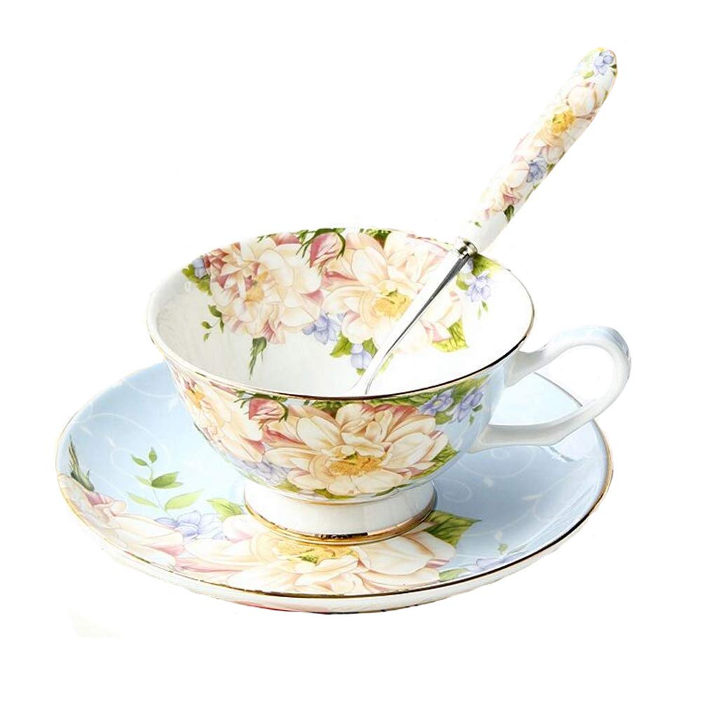 SudaTek Gift Set Vintage Fine Bone China Tea Cup Spoon and Saucer Set Gold Trim Fine Dining and Table Décor (Blue Rose)