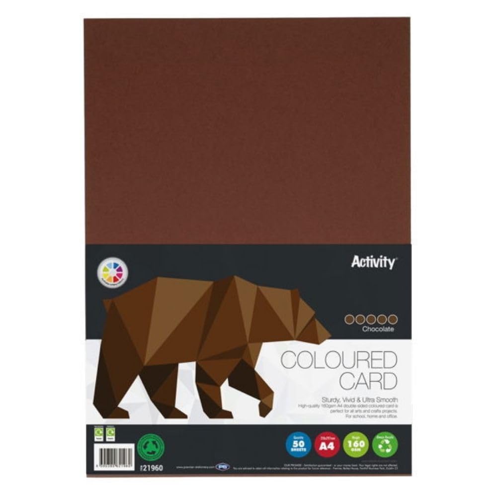 Premier Stationery A4 Brown Coloured Card (160gsm)- Pack of 50, Double-sided, A4 Card for printers, Perfect for kids art & craft card making activities, DIY Crafts, Scrapbooking and so much more