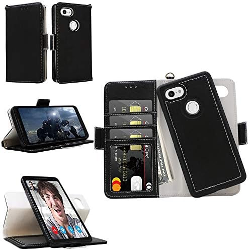 Samgg Pixel 2 XL Case, Detachable Wallet Case with Wrist Strap and Tempered Glass, 2-Way Stand, Card Slot, Magnetic Closure - Durable Leather Folio Flip Case for Google Pixel 2 XL (Black)