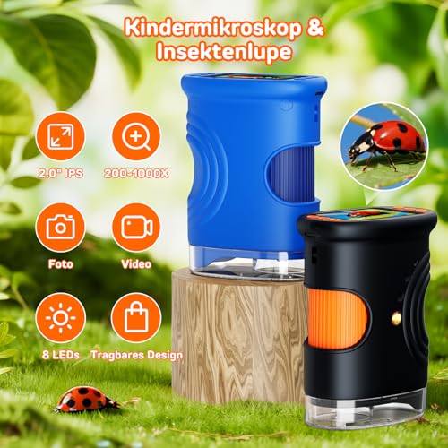 Ashfly Mobile Phone Digital Microscope for Children, 1080P HD 2.0 Inch Screen Pocket Microscope, Microscope LED Lights Connection to PC, Mini Microscope Outdoor Gifts for 4-12 Years, Blue