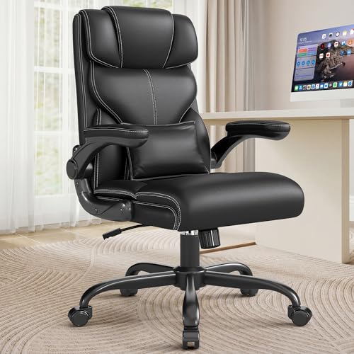 Executive Office Chair with Flip-up Armrests,Ergonomic Computer Desk Chairs,Mid-Tall Back Leather Office Chair 400 Lbs,Lumbar Support Swivel PC Chair with Rocking Function