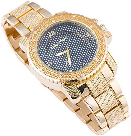 Techno Mens Gold Plated Clear Stones Iced Out Cut Edges Click Rotate Bezel Japanese Quartz Movement Watch