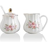 Sweejar Royal Ceramic Sugar and Creamer Set, 3 Piece Set with Cream Pitcher, Sugar Bowl, Sugar Set with Lid &amp; Spoon, Coffee Serving Set Wedding Gift (Rose Flower)