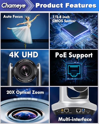 Chameye 4K PTZ Camera 20x Optical Zoom with HDMI USB3.0 LAN(IP PoE) for Live Church Worship, Video Conferencing, Educational Activities, Onsite Activities, YouTube OBS vMix Live Streaming, C420