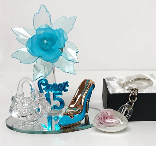 Mis Quince Anos Turquoise Sweet 15 Motive Turquoise Acrylic Flower with High Heel Shoe Favor and Purse Gift Keepsake with Free Keychain