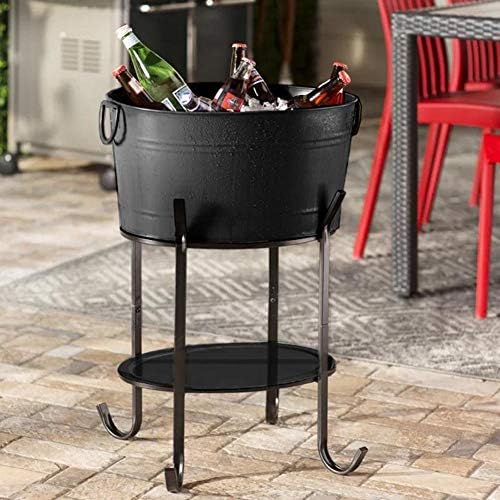 GWW Metal Oval Ice Bucket,Beverage Tub with Handle Large Capacity Cooler Bucket with Stand Wine Buckets for Bar-Black 50x37x25cm(20x15x10inch)