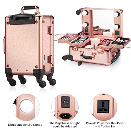 Ovonni Small LED Makeup Train Case, Lighted Rolling Travel Portable Cosmetic Organizer Box with Mirror and 4 Detachable Wheels, Professional Artist Trolley Studio Free Standing Workstation, Rose Gold