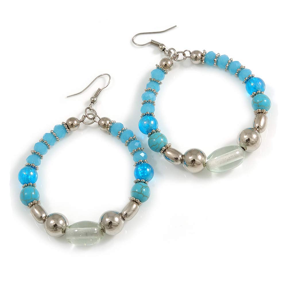 Light Blue/Turquoise/Transparent Ceramic/Glass Bead Hoop Earrings In Silver Tone - 80mm Long