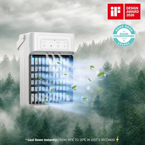 Portable Air Conditioner, 3 Speeds, 3 Mist Settings, 1100ml XL Water Tank, 2~8h Timer, Air Conditioner Portable, Climatiseur Portatif, Personal Small Mini Air Conditioner Cooling Fan for Room Bedroom