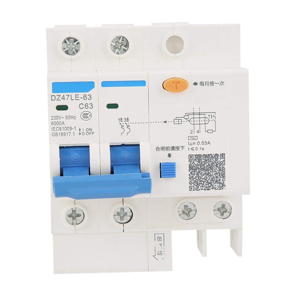 Circuit breaker, DZ47LE-63 2P + N C63 230V 63A 30mA residual current circuit breaker 2P + N air switch 0.1S 4kA high performance small air switch leakage, overload, short circuit