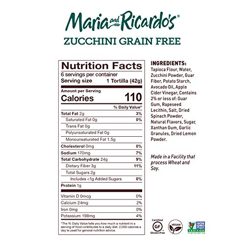 Maria & Ricardo's Zucchini Grain Free Tortillas. (3 Packages) 1 serving of vegetables in each tortilla. Non GMO PV. Vegan. Gluten Free. 6 Tortillas per Pack (18 Tortillas)