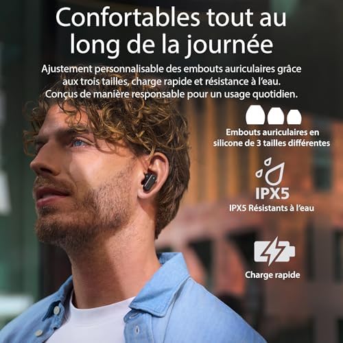 TAT6100BK Écouteurs True Wireless avec Boîtier de Charge Intelligent – Réduction de Bruit, 4 micros, Basses dynamiques, 28 h d’autonomie, Bluetooth 5.4, IPX5, Commandes tactiles – Noir