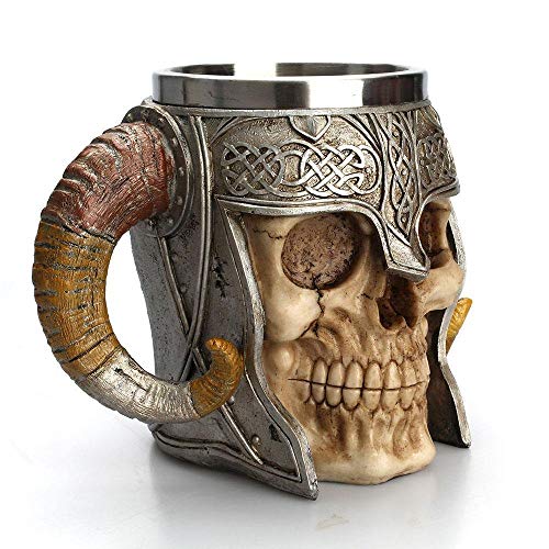 Mookis Viking Drinking Coffee Beer Mug, Stainless Steel Ram Horned Gothic Pirate Skull Mug, Medieval Style Skeleton Tankard Stein for Beer Wine Coffee Rum Drinking Water - 450 Ml(15 Oz)