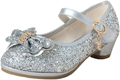 Adingshine Girls Mid Heels Glitter Sandals Mary Jane Dress Pumps With Buckle Strap(4M US Big Kid Silver)