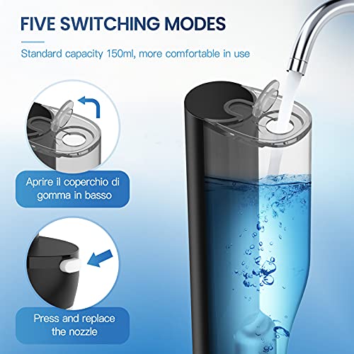 Irrigatore Orale Professionale, Filo Interdentale Portatile, 5 Modalità e 4 Specie 360° Sostituzione di ugello Rotante, Cura Dentale, Linea di Acqua orale, Ricarica USB, Adatto per Viaggi e Famiglia